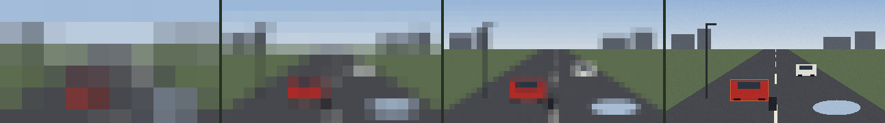 The scene at 32, 16 and 8 pixel blocks, and the original